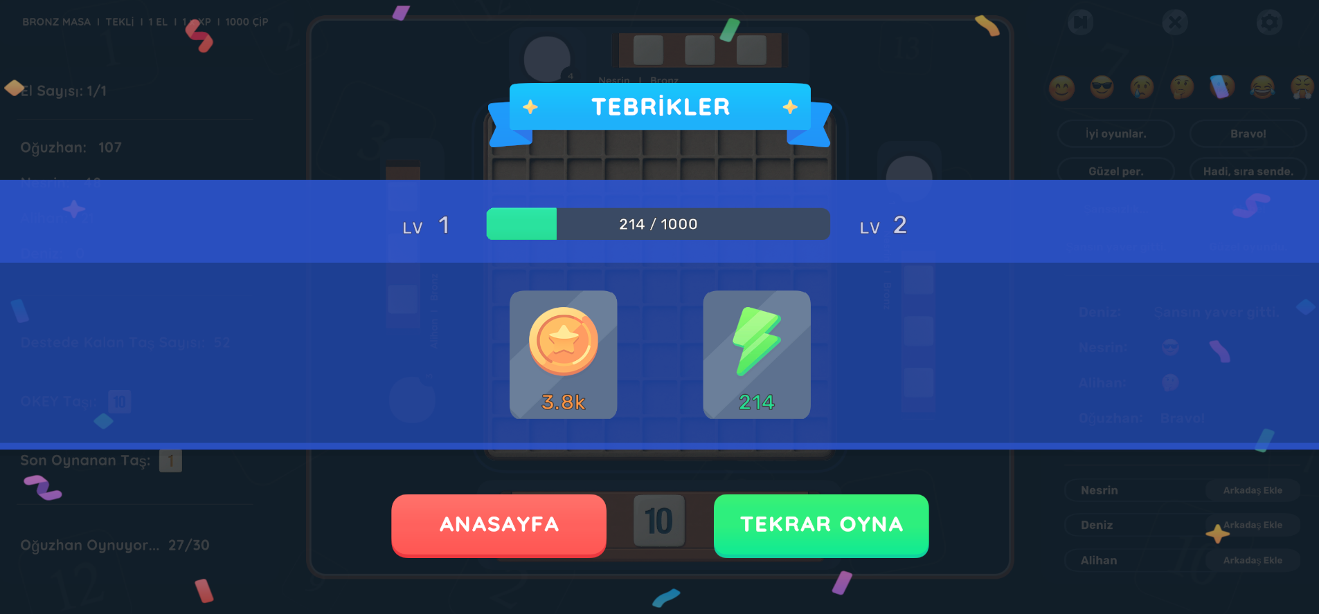 99 Okey maç sonucu